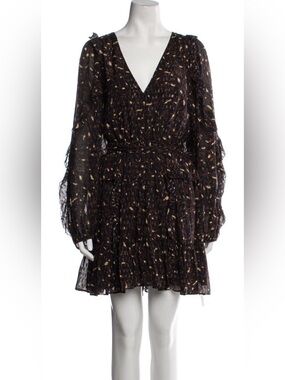 Ulla Johnson Black Silk Chiffon Long-Slv Floral Mini Dress with lurex threads.